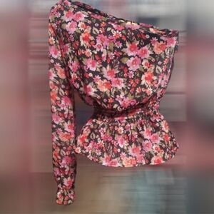 One Shoulder Floral Ruched Waist Top Size Small